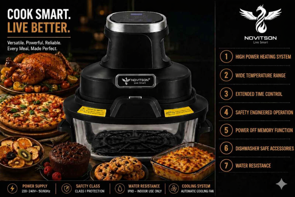 NAF 6570B 6 in 1 Crispi Air Fryer – Dual Glass Containers 4.3L & 1.8L, Portable High Heat Cooking System, Black