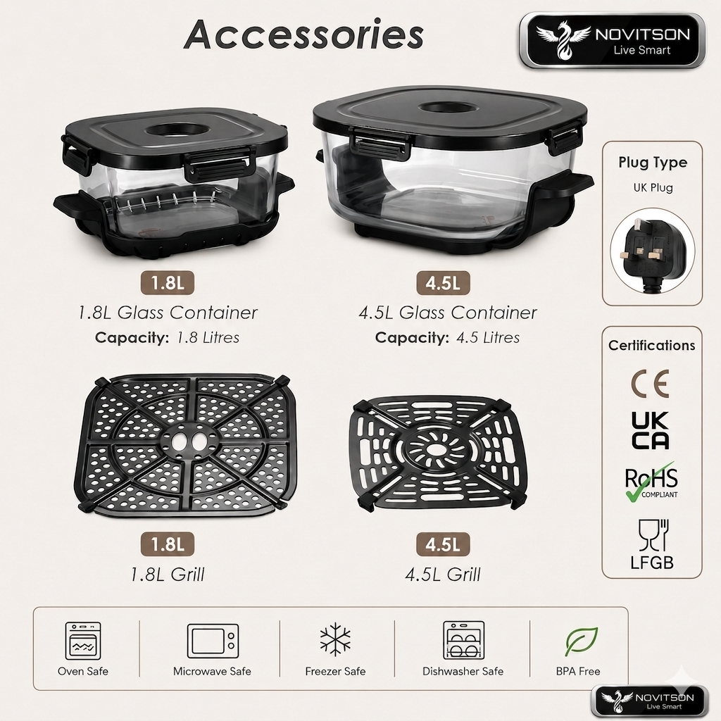 NAF 6570B 6 in 1 Crispi Air Fryer – Dual Glass Containers 4.3L & 1.8L, Portable High Heat Cooking System, Black