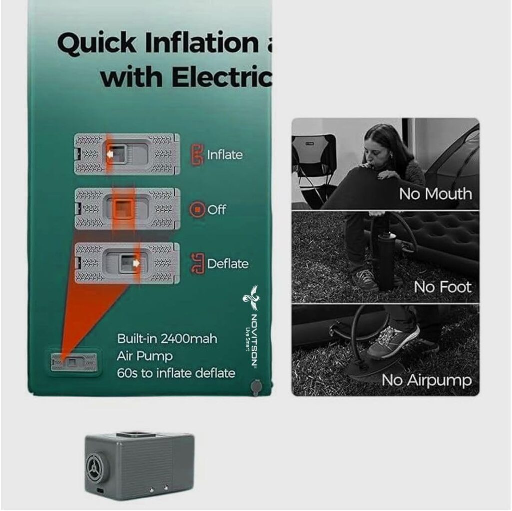 NAM-7600G Premium Camping Mattress with Built-in Inflator & Deflator – Fully Automatic Inflation & Deflation, Dual Power Mode (Rechargeable & Manual), Lightweight & Easy Storage, Green.