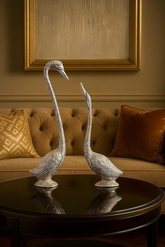NHC-1101S | 2 Pcs Couple Swan Handicraft Set – Zinc Figurines for Elegant Home & Office Decor | Silver Color