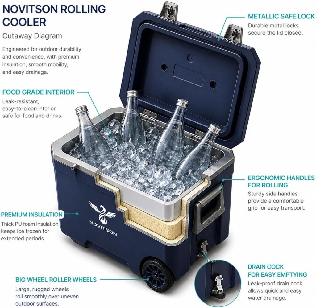 Portable Cooler Box NIB-8185BE – Wheeled, Lightweight & Foldable handles, Easy-Carry Travel Cooler for Outdoor, Camping & Picnic, Blue – 45L