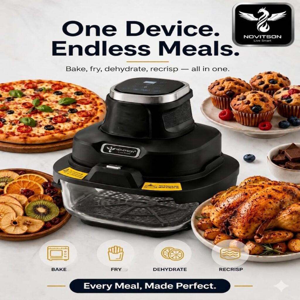 NAF 6570B 6 in 1 Crispi Air Fryer – Dual Glass Containers 4.3L & 1.8L, Portable High Heat Cooking System, Black