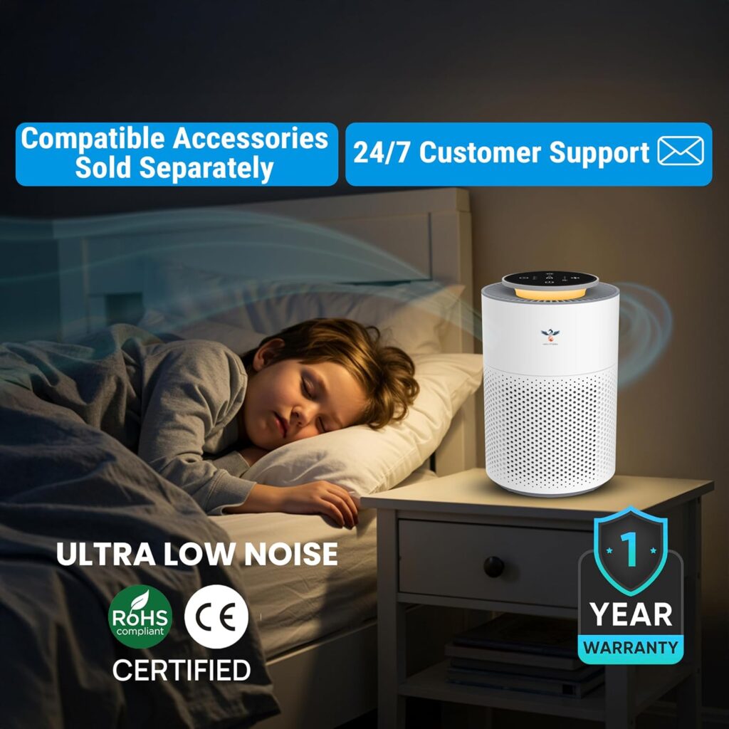 NAP-7060W HEPA Air Purifier with Activated Charcoal & Aroma | CADR 60 m³/h | Dust, Mites, Smoke, Pollen, Fiber, Pet Dander Removal | Touch Control, 3 Speeds, Night Lamp, Timer, Child Lock