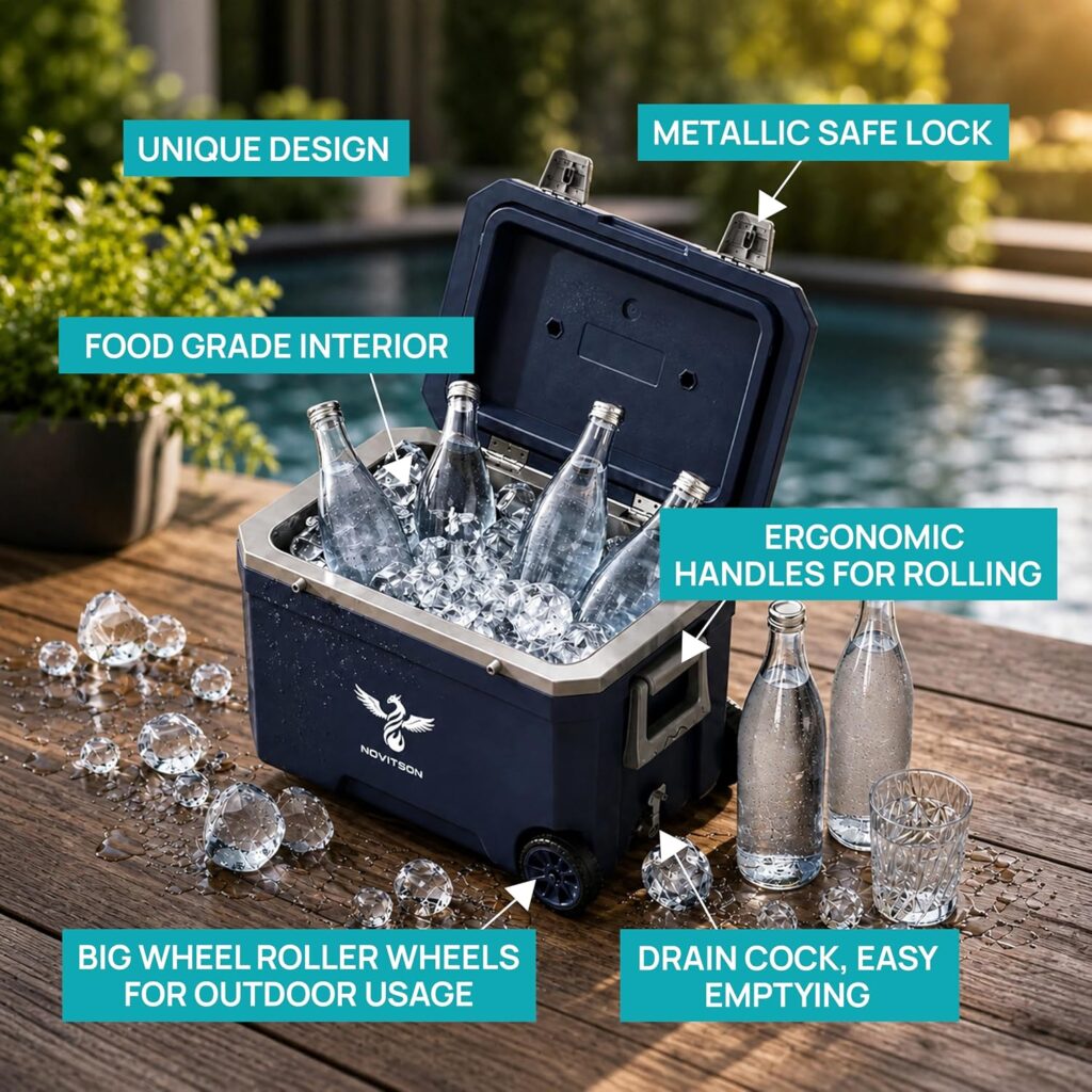 Portable Cooler Box NIB-8185BE – Wheeled, Lightweight & Foldable handles, Easy-Carry Travel Cooler for Outdoor, Camping & Picnic, Blue – 45L